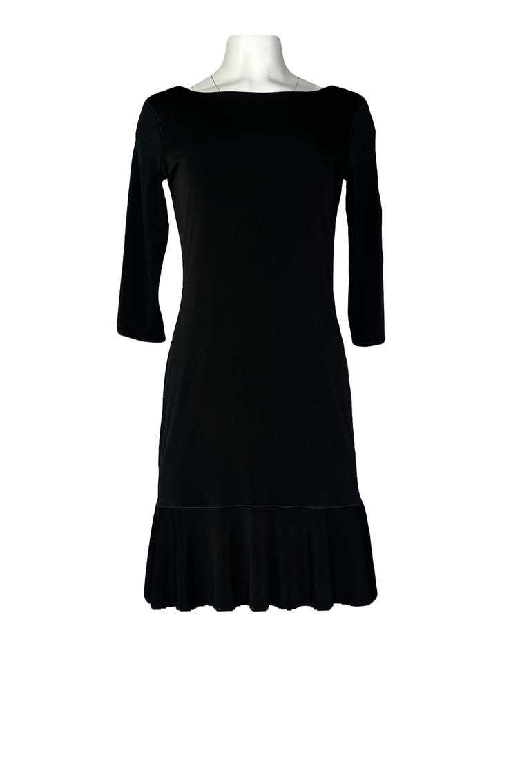 Boat neck 3/4 sleeve ruffle bottom lined knee length dress