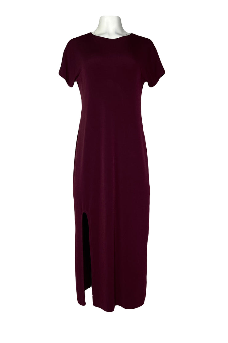 Round neck cap sleeve front slit single layered calf length dress