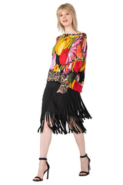 Elastic Waist Layered Calf Length Fringe Skirt
