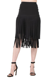 Elastic Waist Layered Calf Length Fringe Skirt