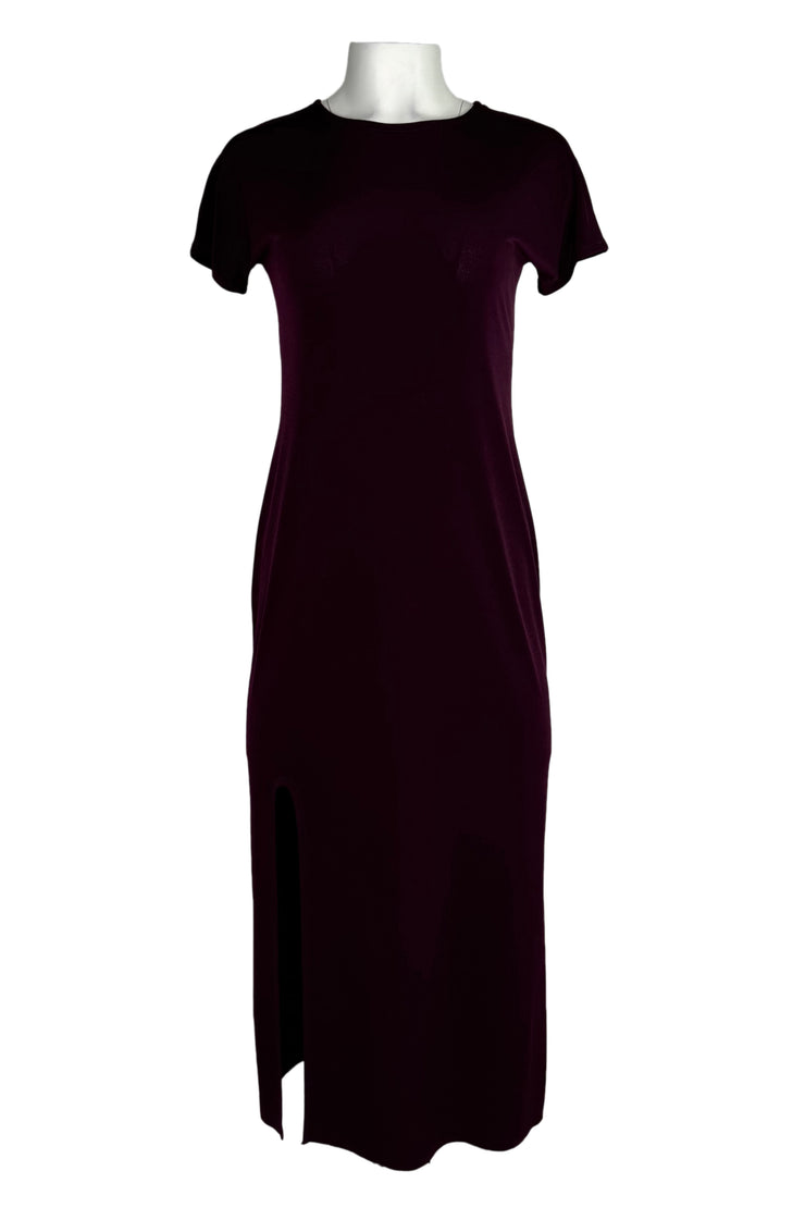 Cap sleeve asymmetric slit below knee length dress