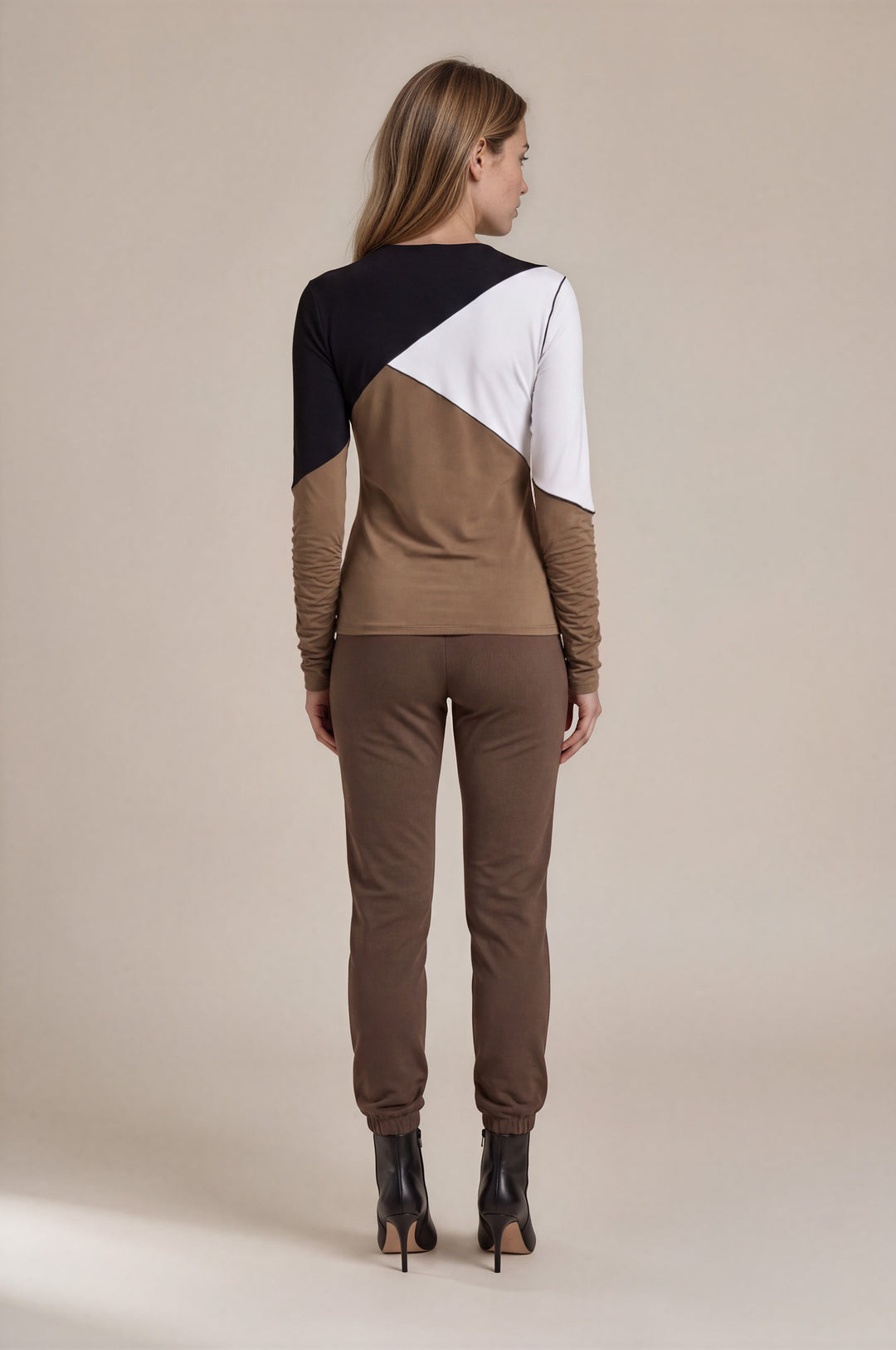 COLOR BLOCK EXTRA LONG SLEEVE SINGLE LAYERED CREW NECK TOP