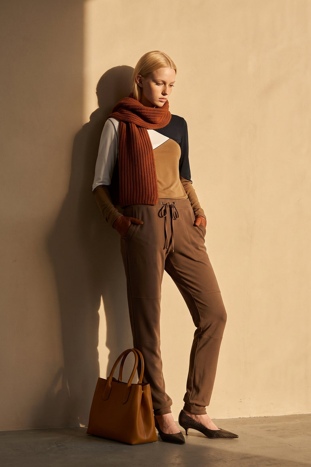 COLOR BLOCK EXTRA LONG SLEEVE SINGLE LAYERED CREW NECK TOP