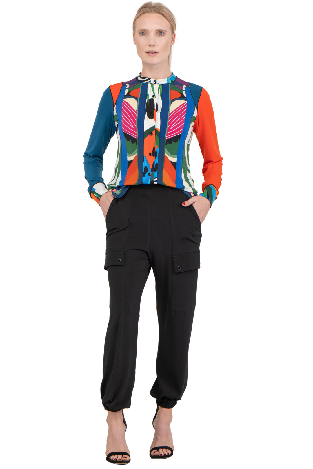 Long Sleeve Mandarin Collar Button Front Top