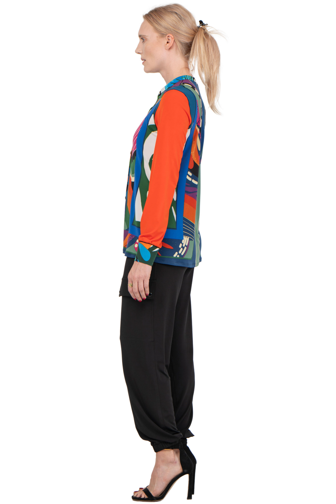 Long Sleeve Mandarin Collar Button Front Top