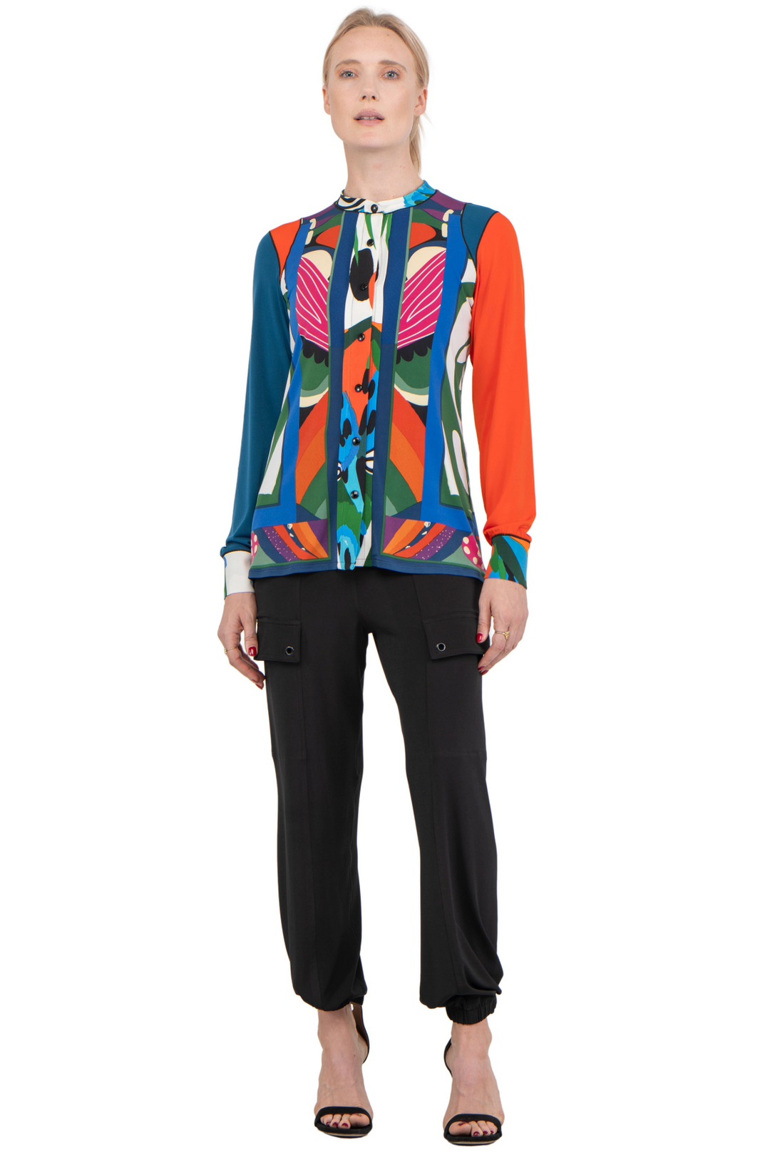 Long Sleeve Mandarin Collar Button Front Top