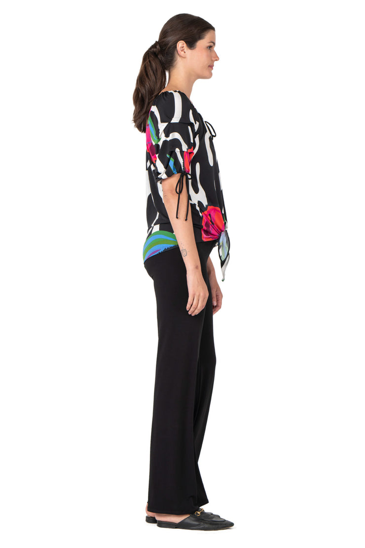 Blouson Pleated Sleeve Tie Front Top