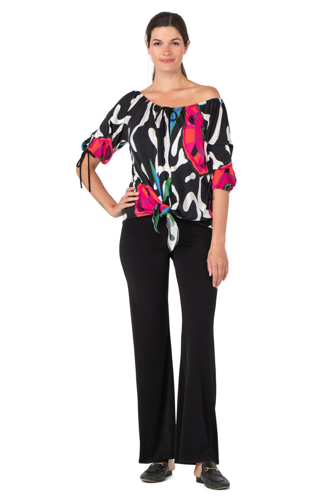 Blouson Pleated Sleeve Tie Front Top