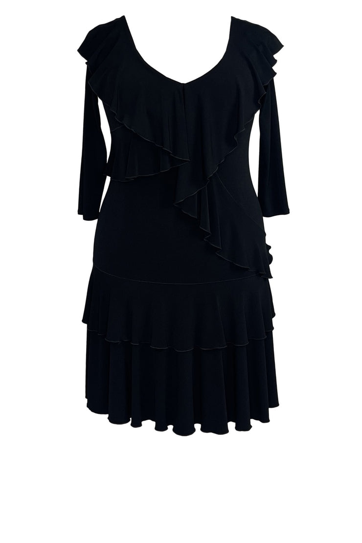 V neck ruffle 3/4 sleeve below knee dress