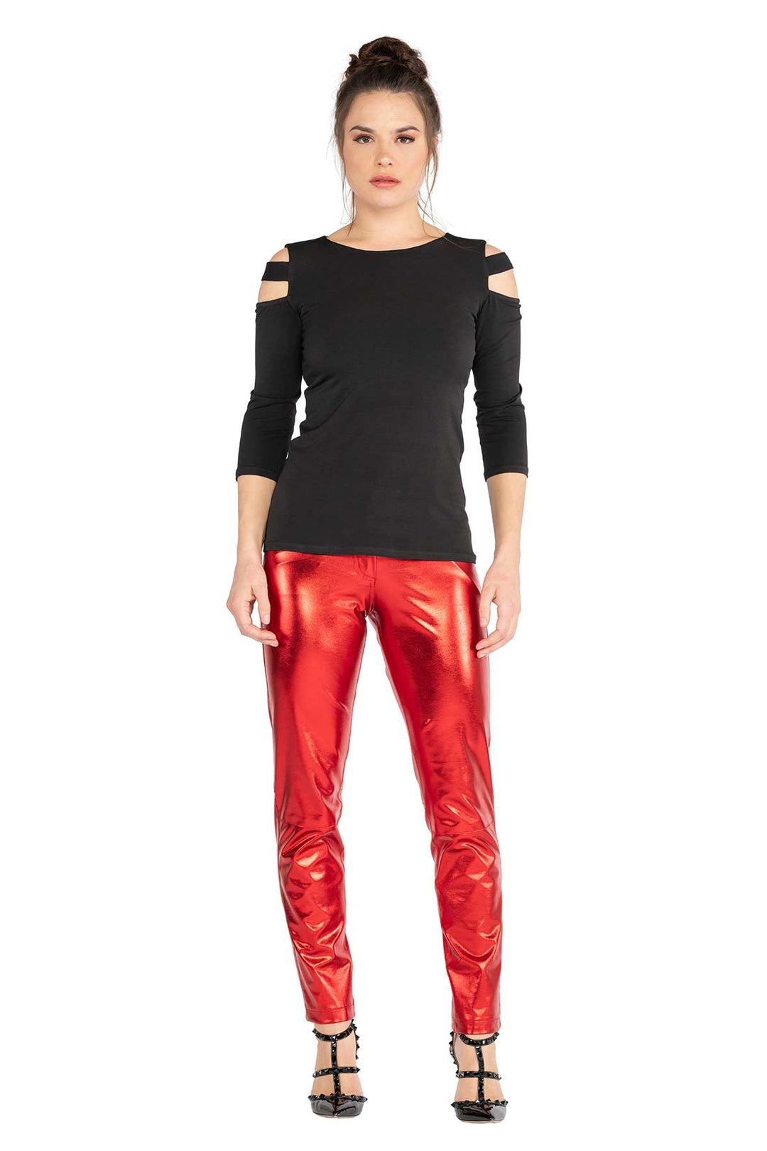 Leatherette Slim Pants w/ Knee Cut Line