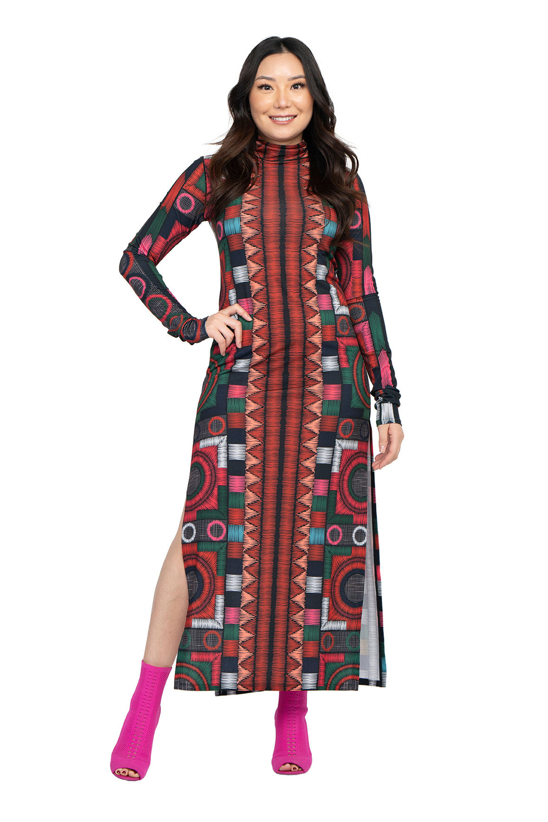 Kadas Mock Neck High Slit Fitted Extra Long SLV Dress