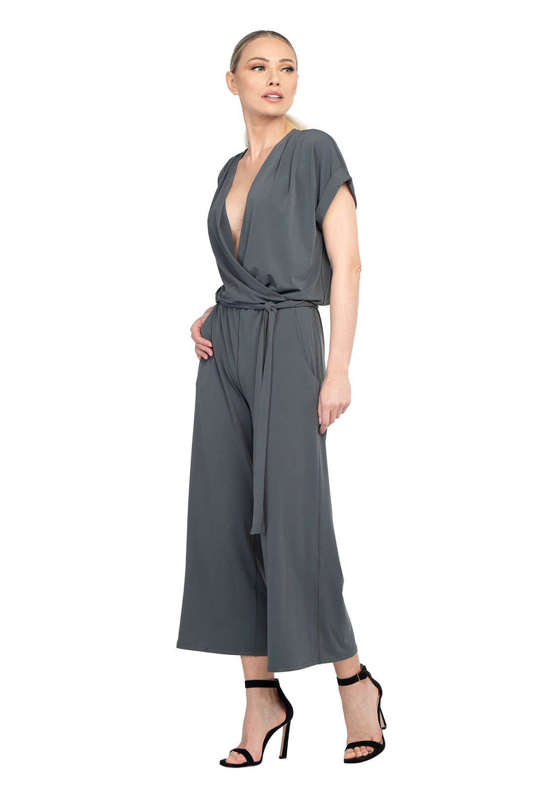S/SL Fold Over Wide Leg Pocket Cropped Jumpsuit