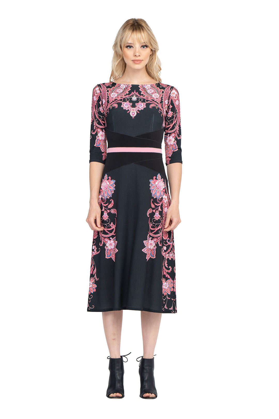Calf length 3/4 SLV Waist Contrast Insert Dress