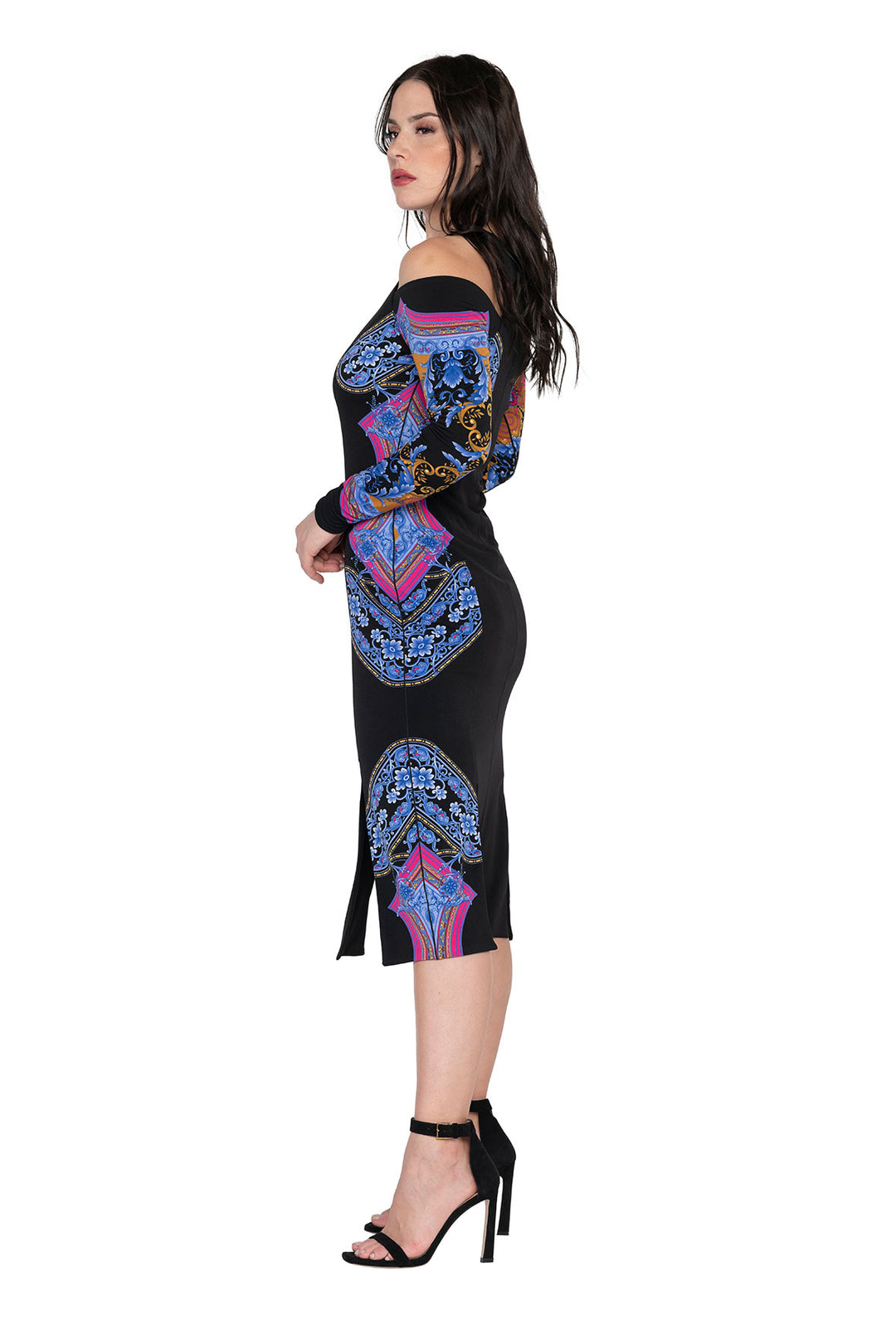 Open Shoulder Four Slit Below Knee Dress
