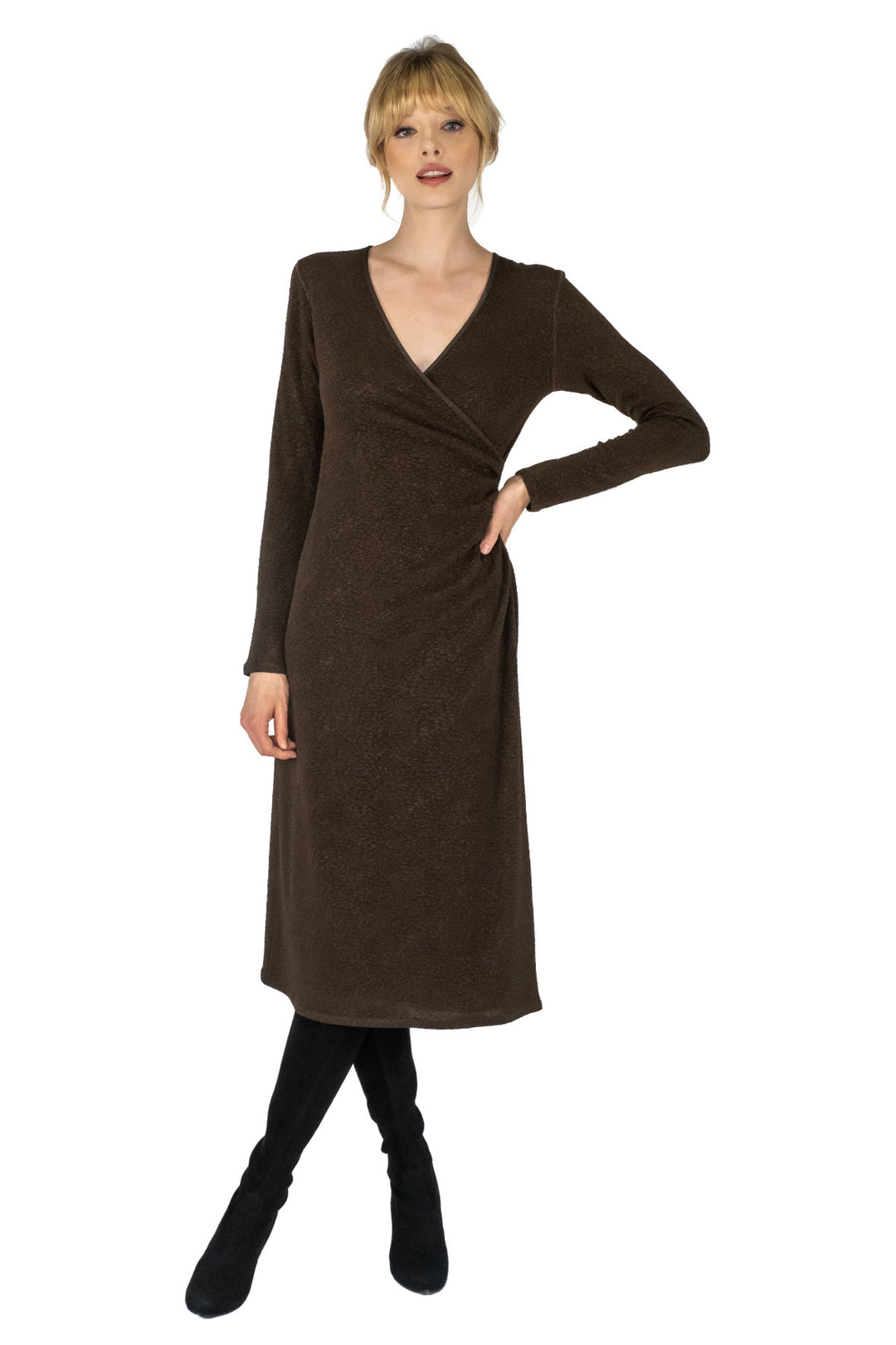 Calf Length Long Sleeve Wrap Dress