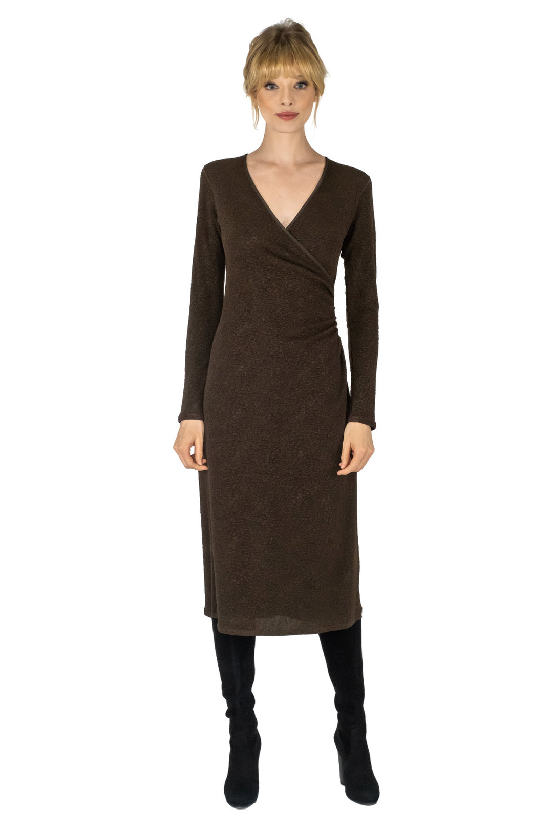 Calf Length Long Sleeve Wrap Dress