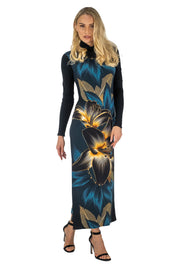 Kadas Mock Neck High Slit Fitted Extra Long SLV Dress
