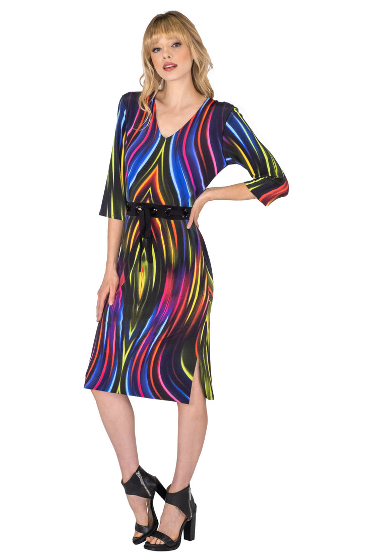 ¾ Slv Below Knee Waist w/ Grommets V Neck Dress