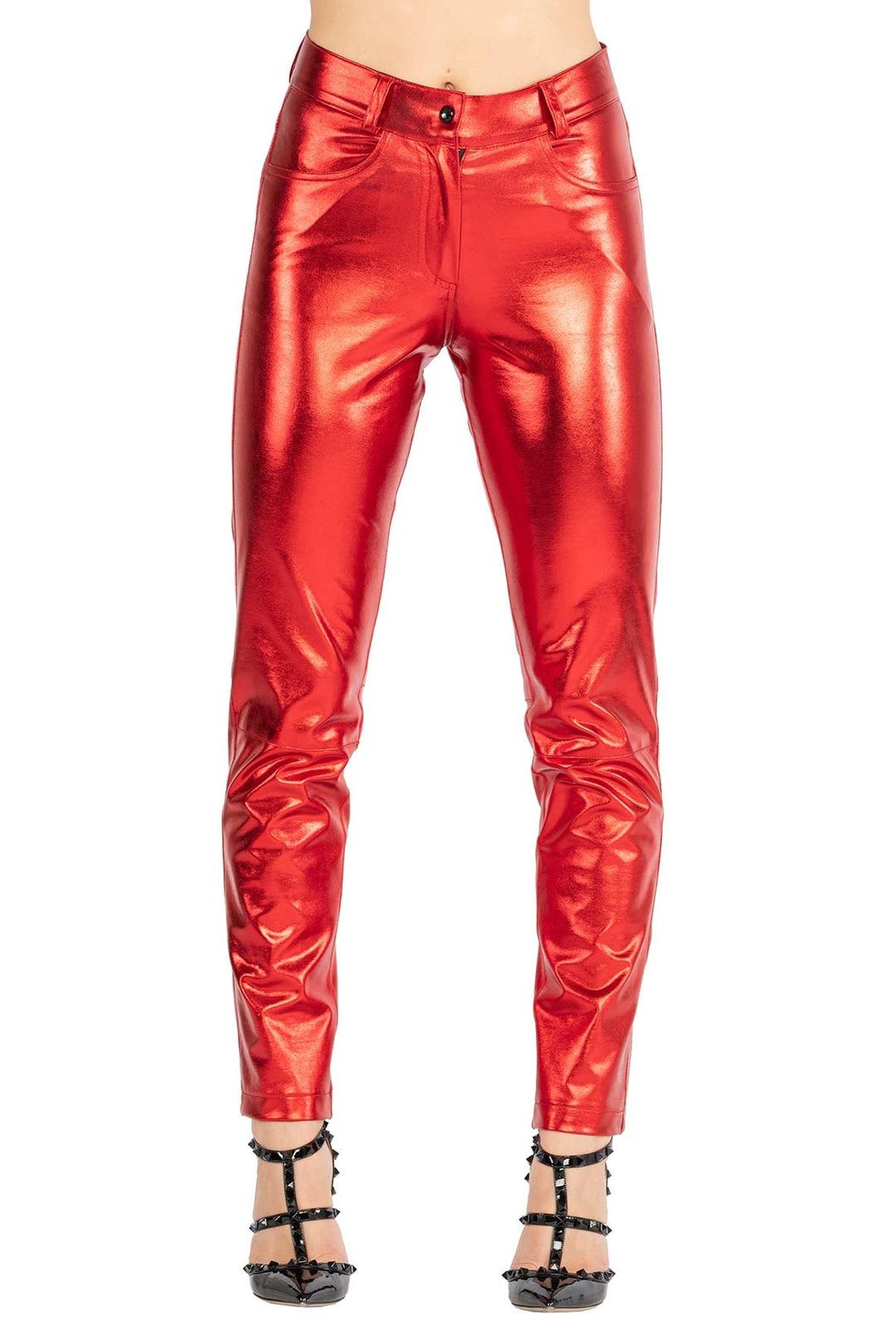 Leatherette Slim Pants w/ Knee Cut Line