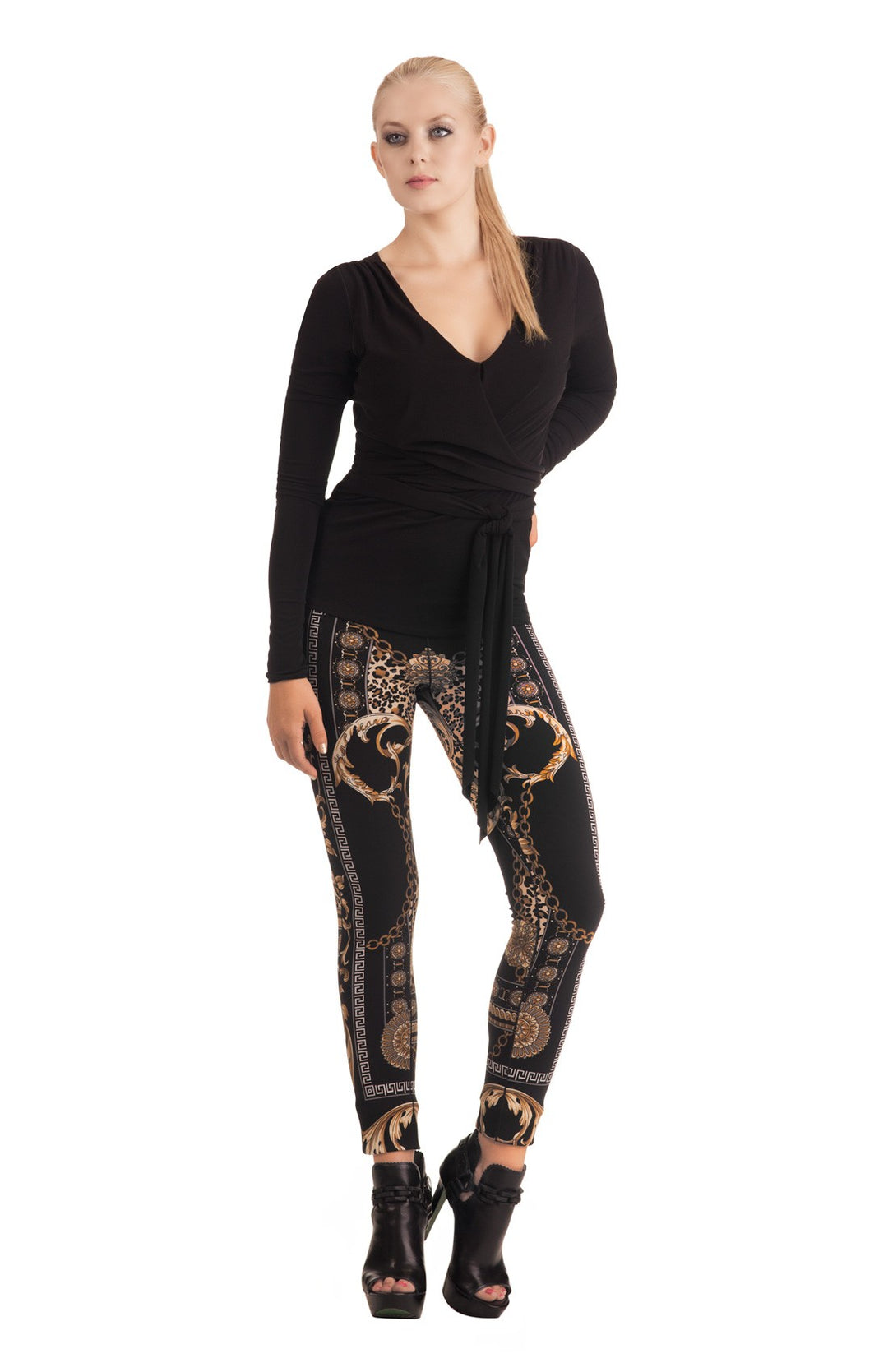 Long Sleeves V Neck Tie Wrap Top