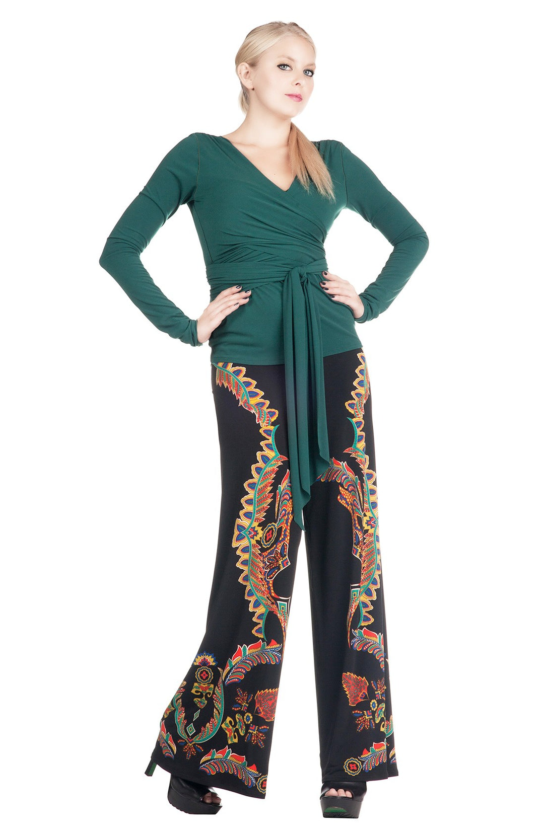 Long Sleeves V Neck Tie Wrap Top
