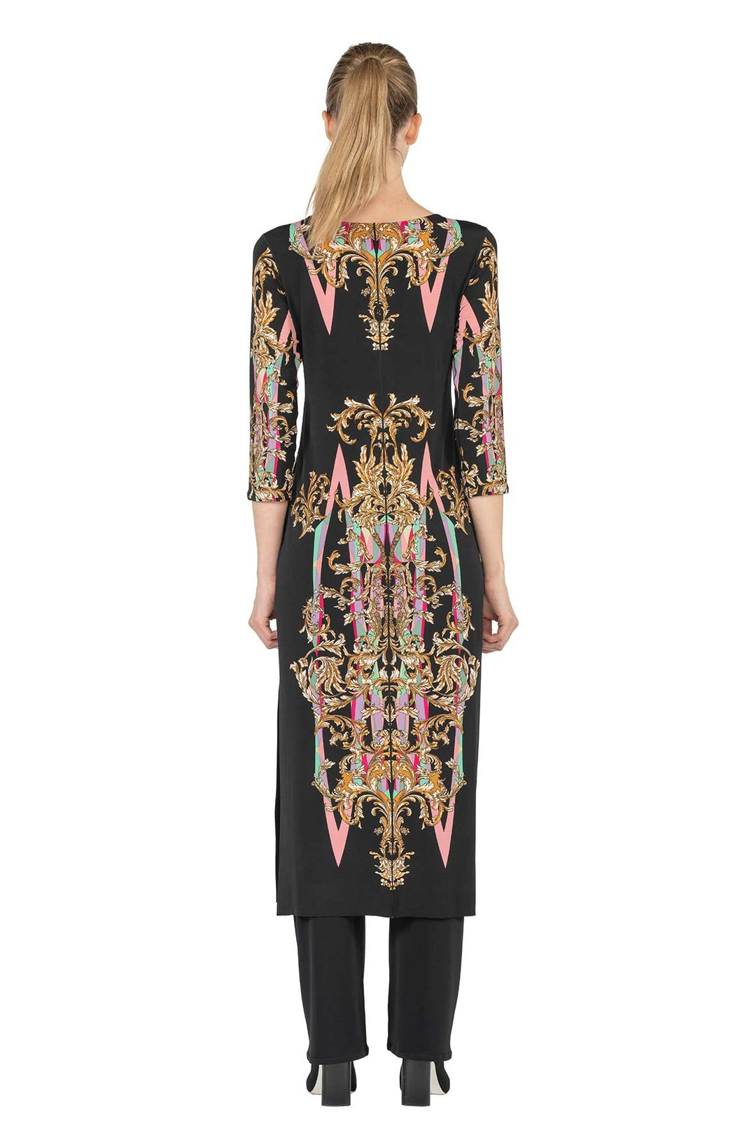 Raw Hemline 3/4 Sleeve Semi Loose Side Slit Below Knee Dress