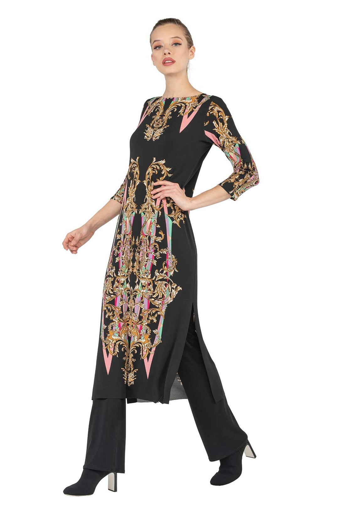 Raw Hemline 3/4 Sleeve Semi Loose Side Slit Below Knee Dress