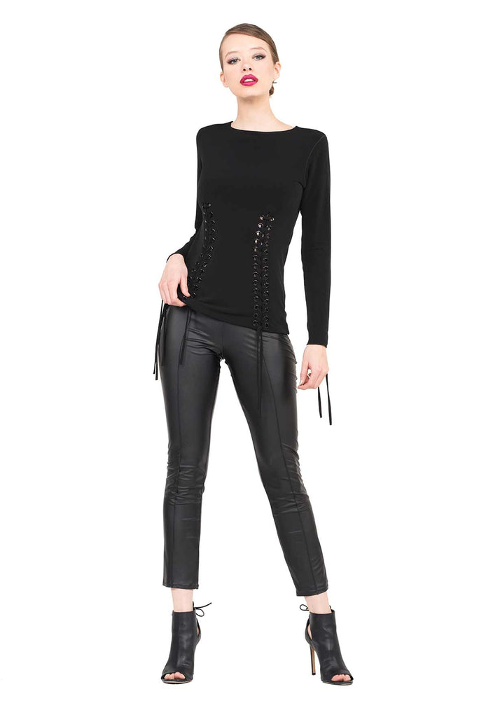 Black Long Sleeve Lace Up Top