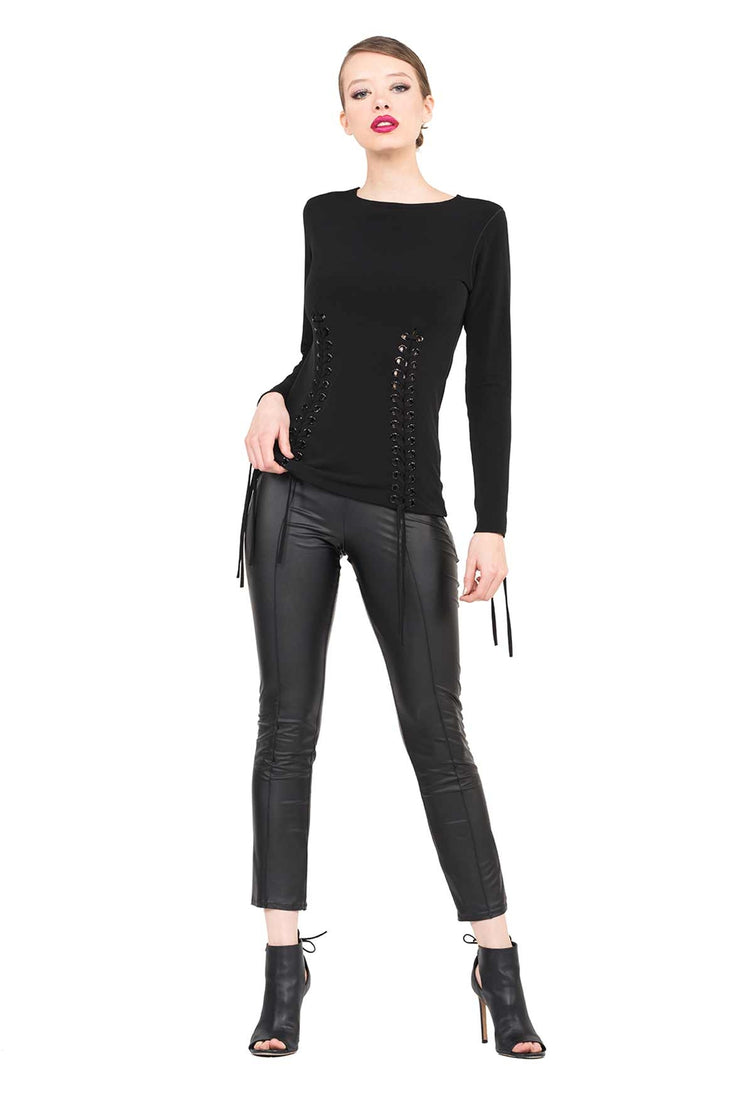 Scoop Neck Long Sleeve Lace up Fitted Top