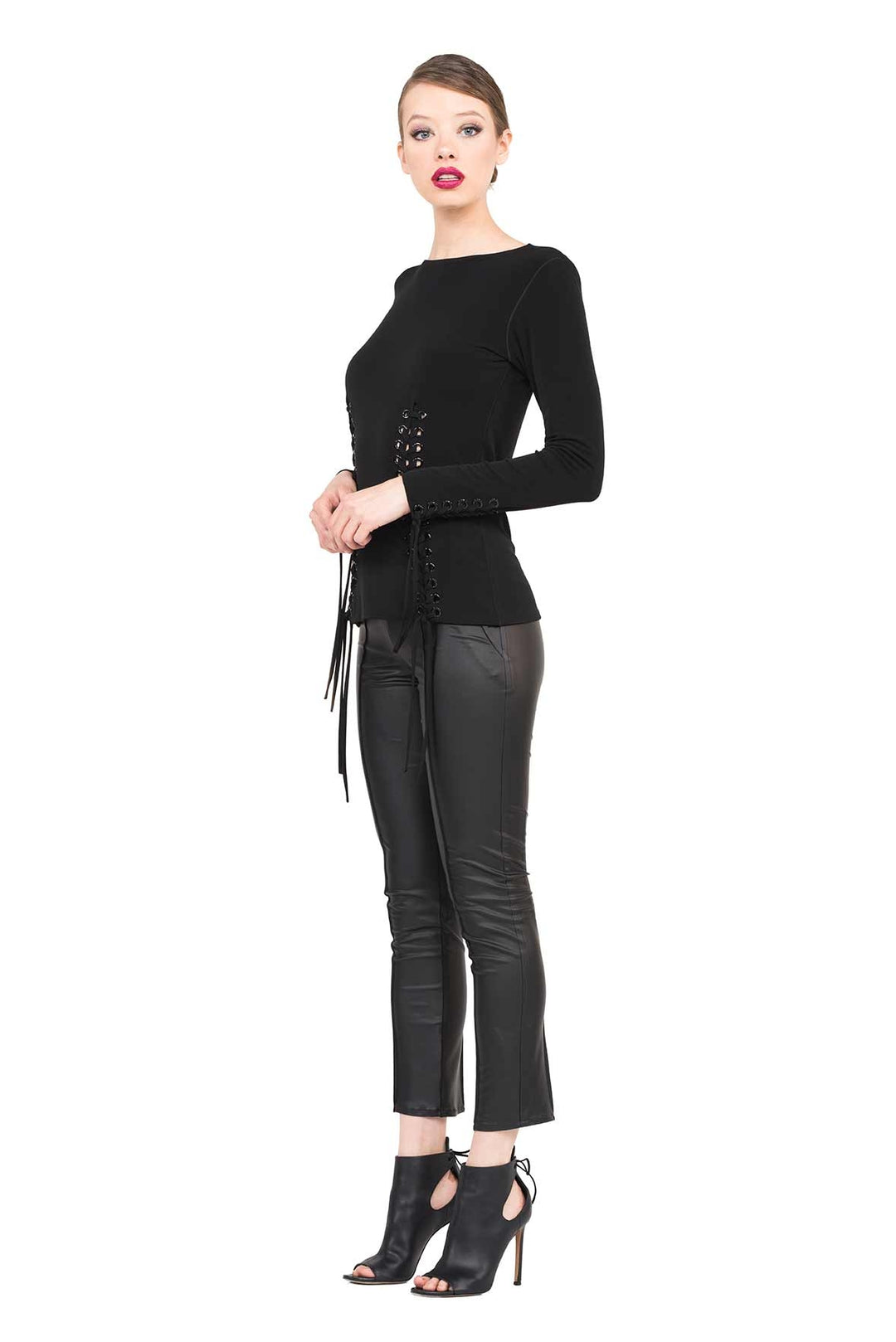 Scoop Neck Long Sleeve Lace up Fitted Top