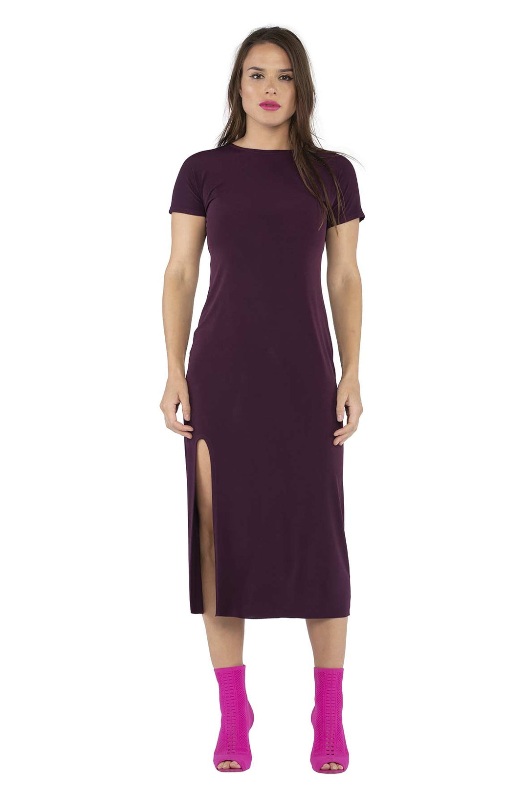 Solid Cap Sleeve Asymmetric Slit Below Knee Dress