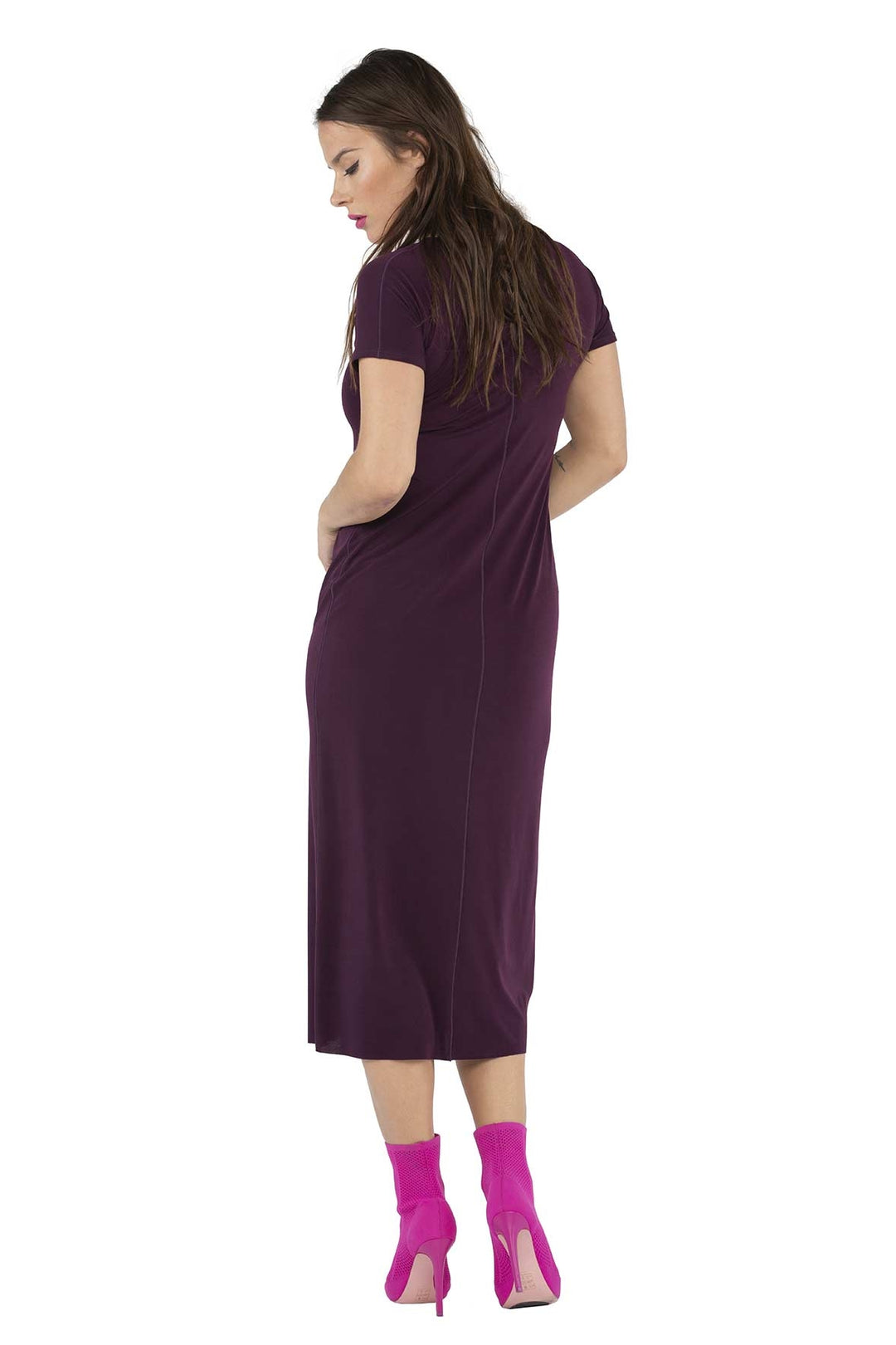Solid Cap Sleeve Asymmetric Slit Below Knee Dress