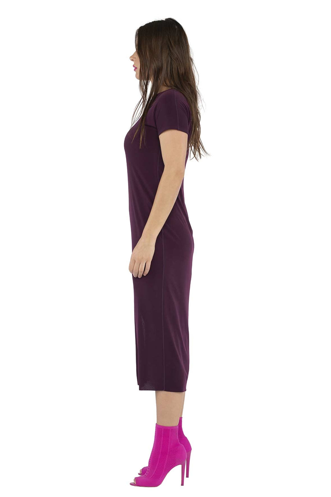 Solid Cap Sleeve Asymmetric Slit Below Knee Dress